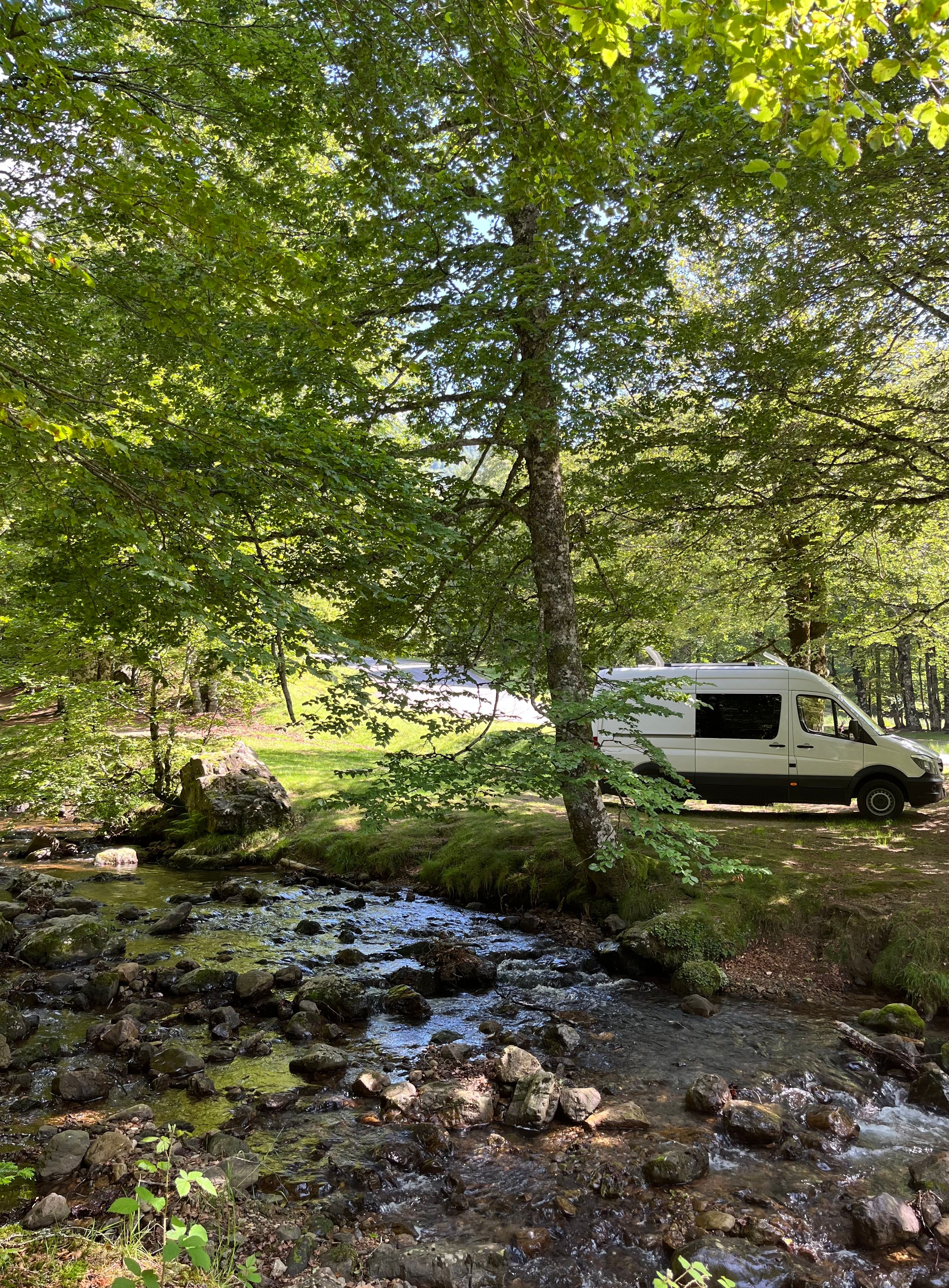 Le van Trico au milieu de la forêt d'Iraty et d'un cours d'eau