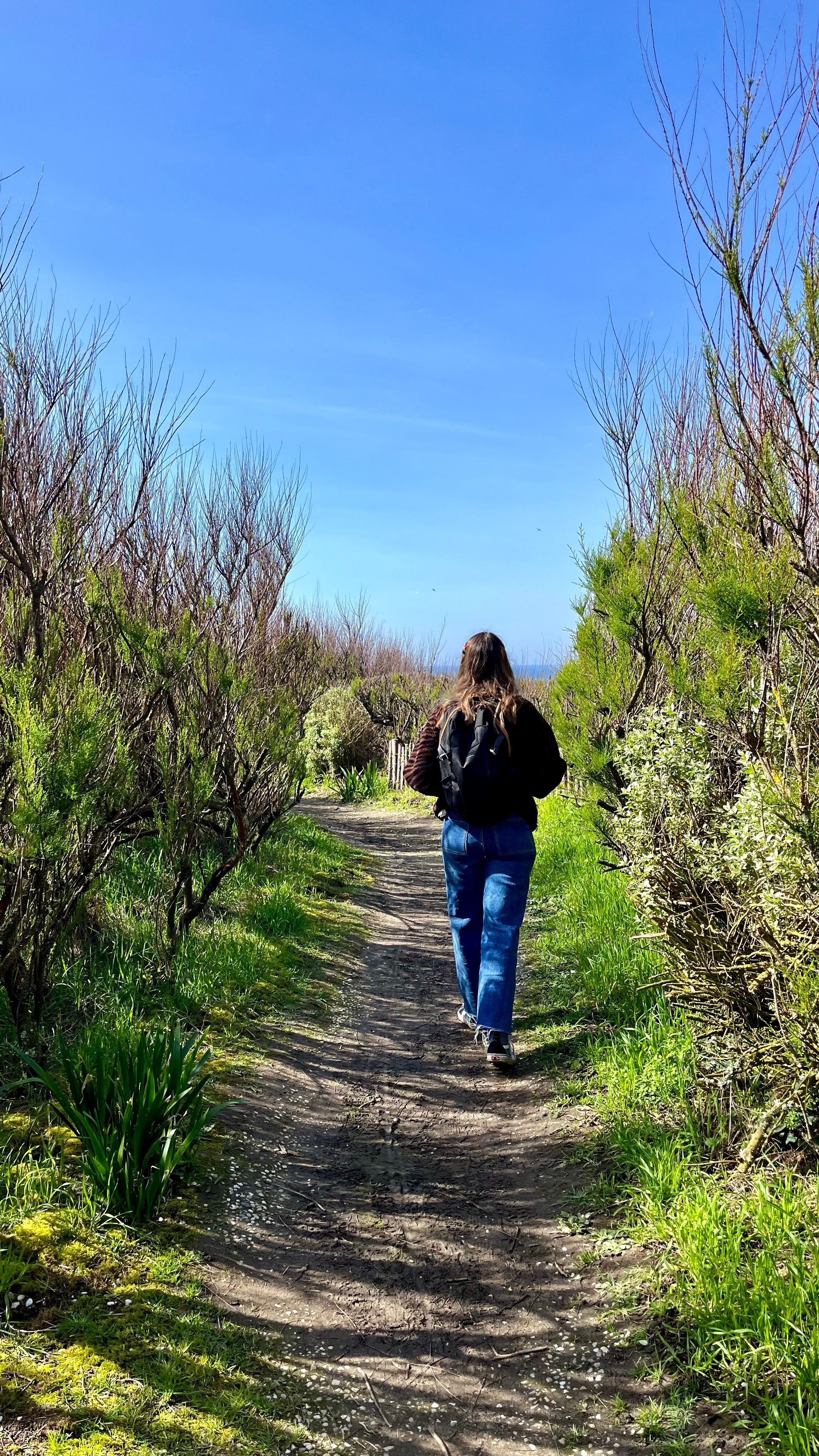 Une femme de dos sur le sentier de la pointe des Poulains à Belle-Île en Mer