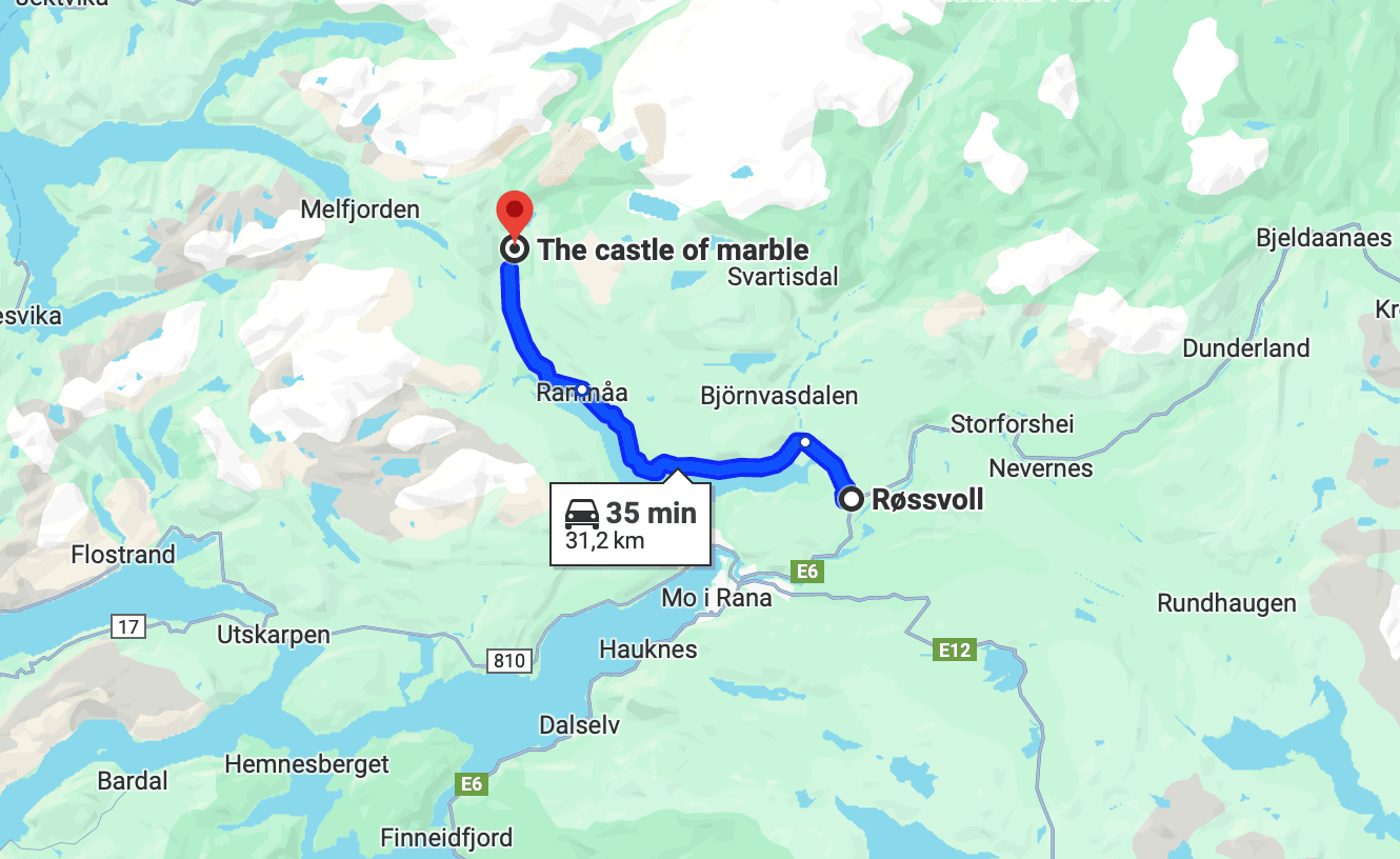 Itinéraire depuis l'E6 jusqu'à la randonnée de Marmorslottet en Norvège