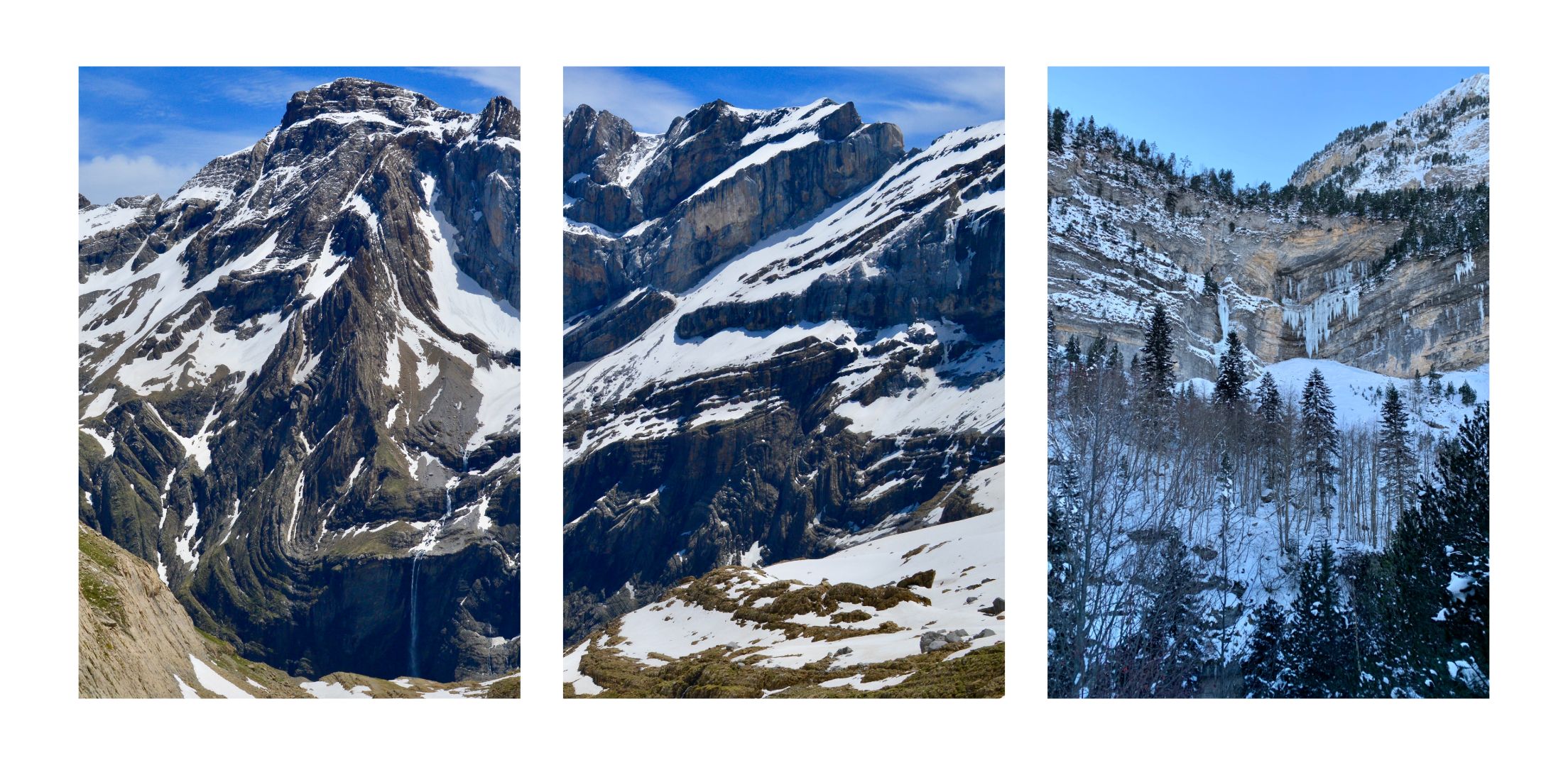 Cirque de Gavarnie, vue depuis la brèche de Roland et depuis Gavarnie en hiver