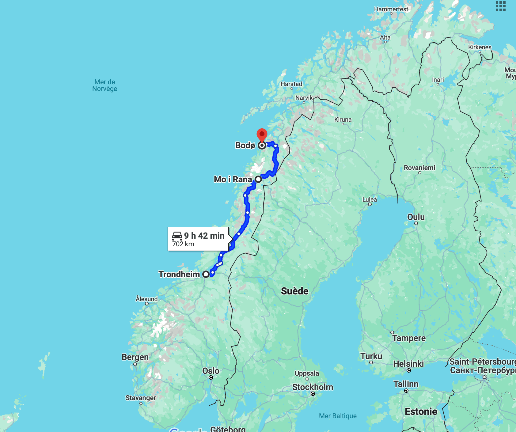 itinéraire entre trondheim et bodo en passant par mo i rana