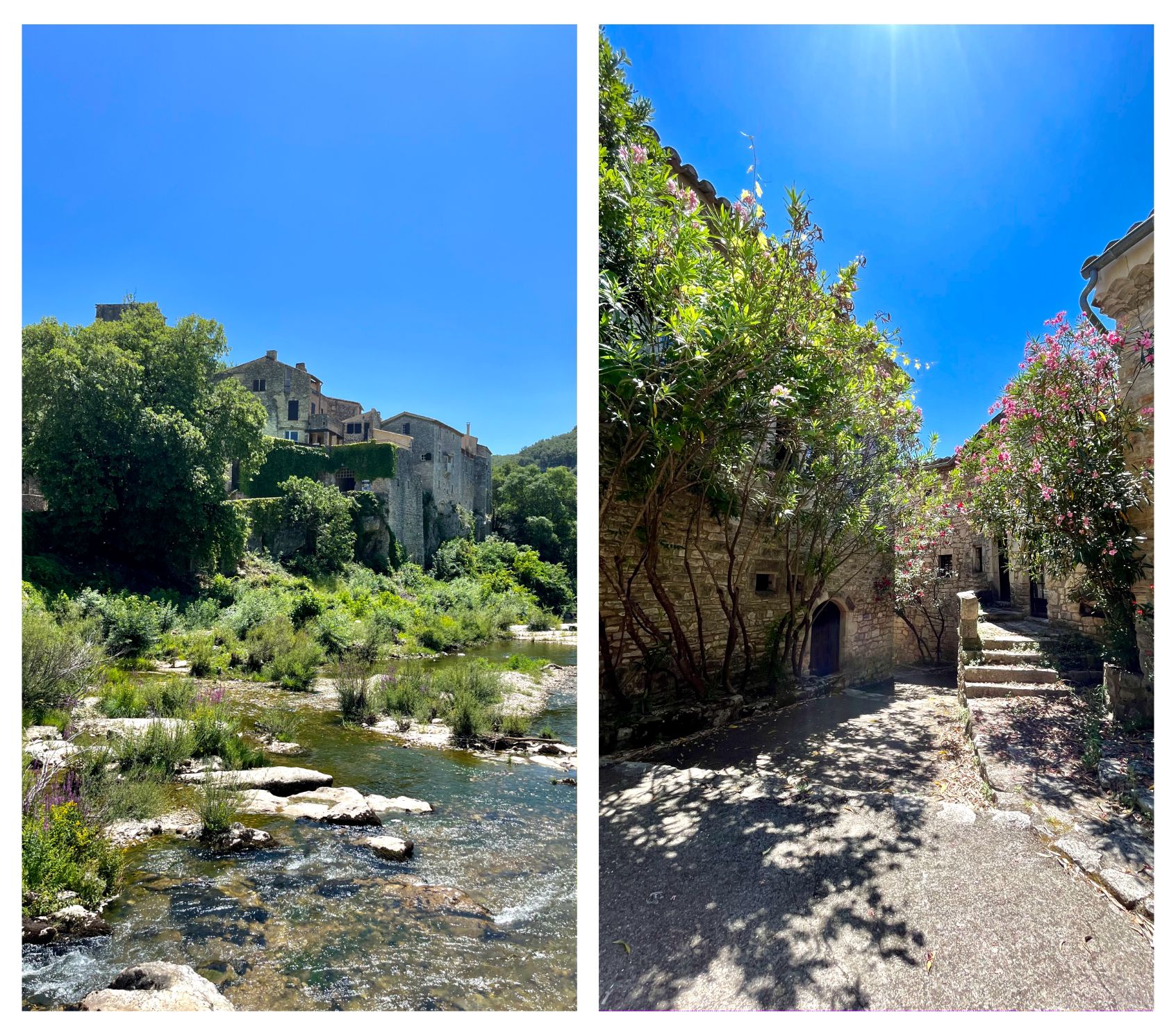 La rivière et les rues fleuries de Montclus